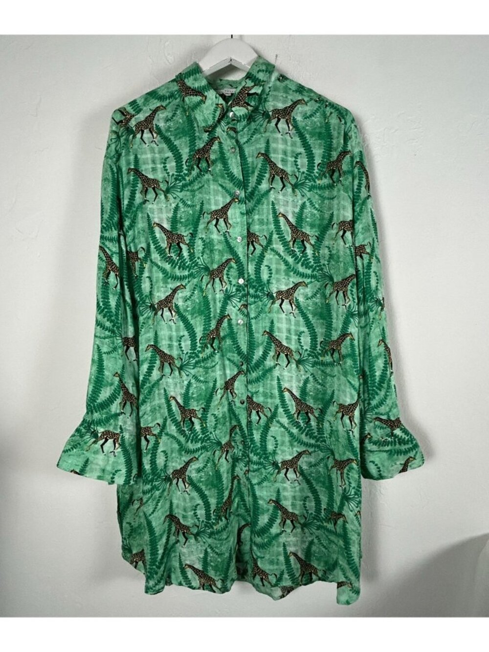 Jane + Delancey Womens Green Giraffe Print Button Down Shirt Tunic Top XL NWOT